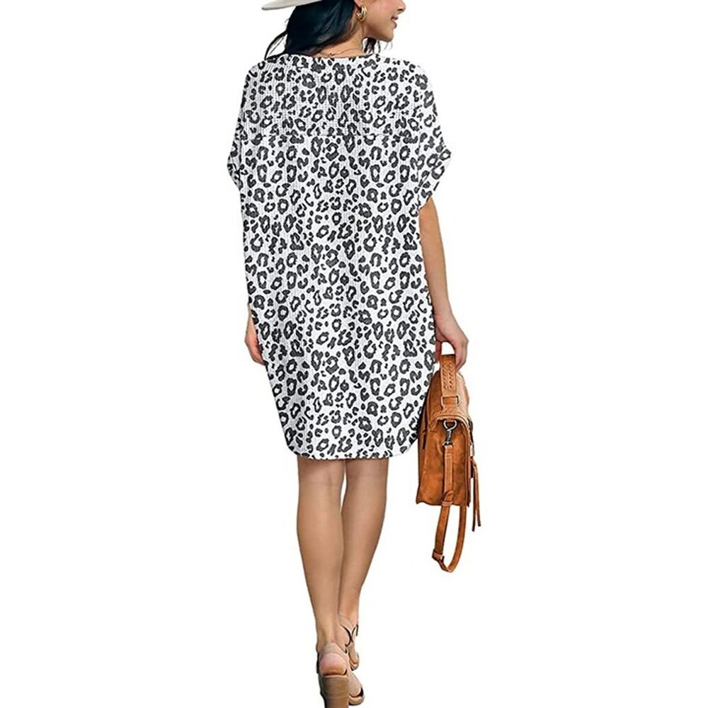 Iwollence Women Waffle Knit Tunic Dress Short Sleeve Casual Medium Black White